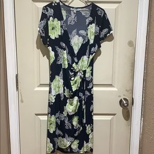Navy Blue Dress with Lime green and grey flowers.